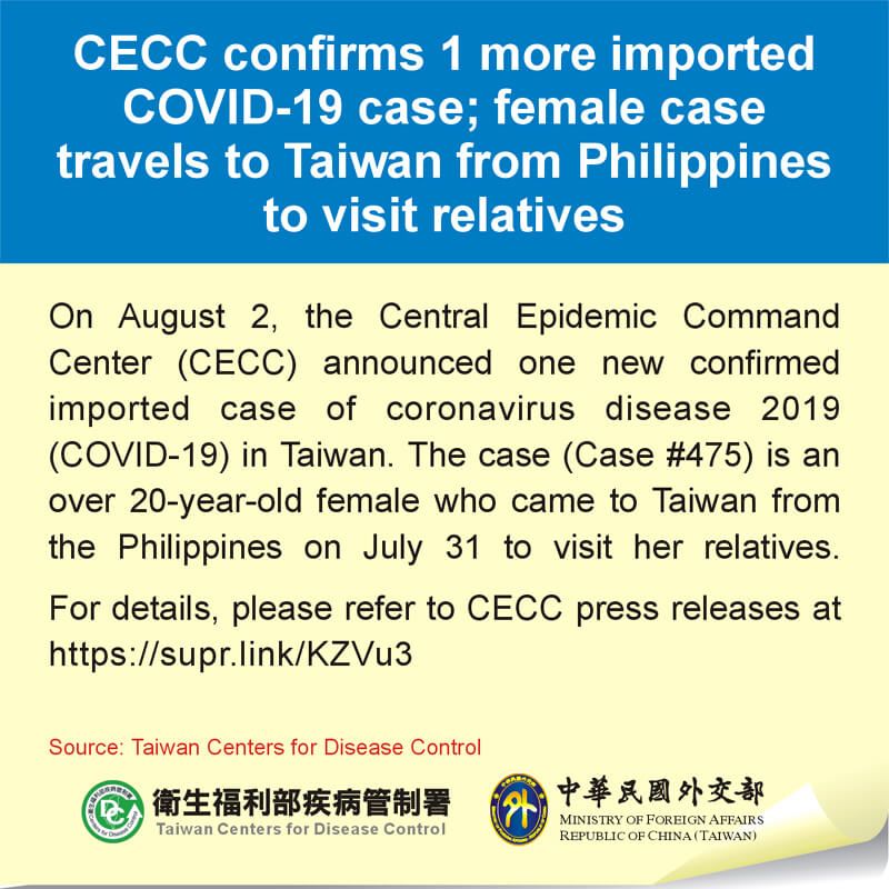 CECC confirms 1 more imported COVID-19 case; female case travels to Taiwan from Philippines to visit relatives CECC confirms 1 more imported COVID-19 case; female case travels to Taiwan from Philippines to visit relatives Photos - New Southbound Policy