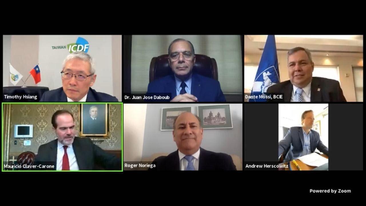 New Southbound Policy。TaiwanICDF Secretary General Timothy T. Y. Hsiang (top left) and other economic development experts take part in a virtual seminar on supporting SMEs in Central America staged Sept. 15 by U.S.-headquartered public policy think tank AEI. (MOFA)