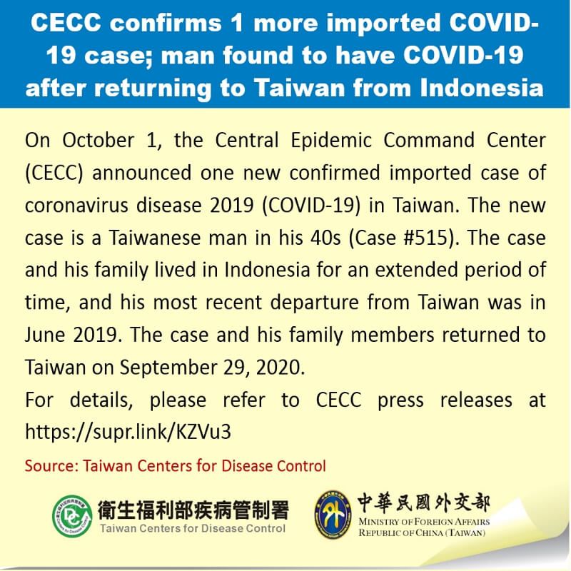 CECC confirms 1 more imported COVID-19 case; man found to have COVID-19 after returning to Taiwan from Indonesia Photos - New Southbound Policy