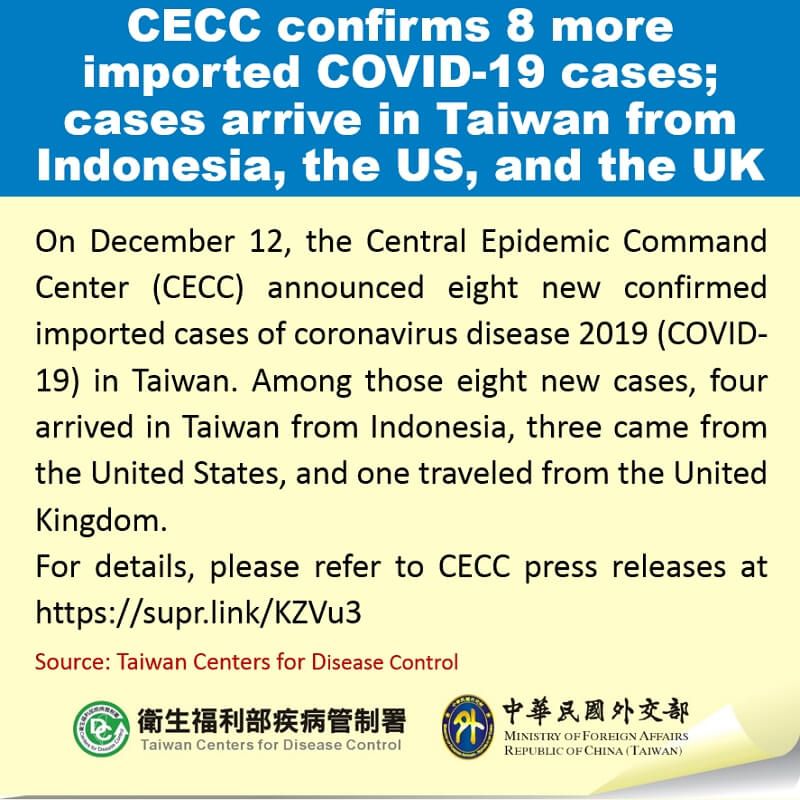 CECC confirms 8 more imported COVID-19 cases; cases arrive in Taiwan from Indonesia, the US, and the UK Photos - New Southbound Policy