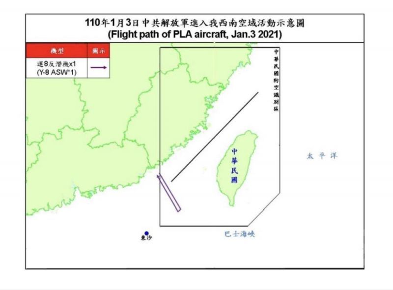 New Southbound Policy。Một máy bay tuần tra chống tàu ngầm Y-8 của Trung Quốc đã xâm phạm Vùng nhận dạng phòng không (ADIZ) phía tây nam Đài Loan vào chiều ngày 3/1. Không quân Đài Loan đã điều động lực lượng tuần tra trên không để đáp trả, phát loa xua đuổi và sử dụng tên lửa phòng không theo dõi, giám sát (Ảnh: Bộ Quốc phòng)