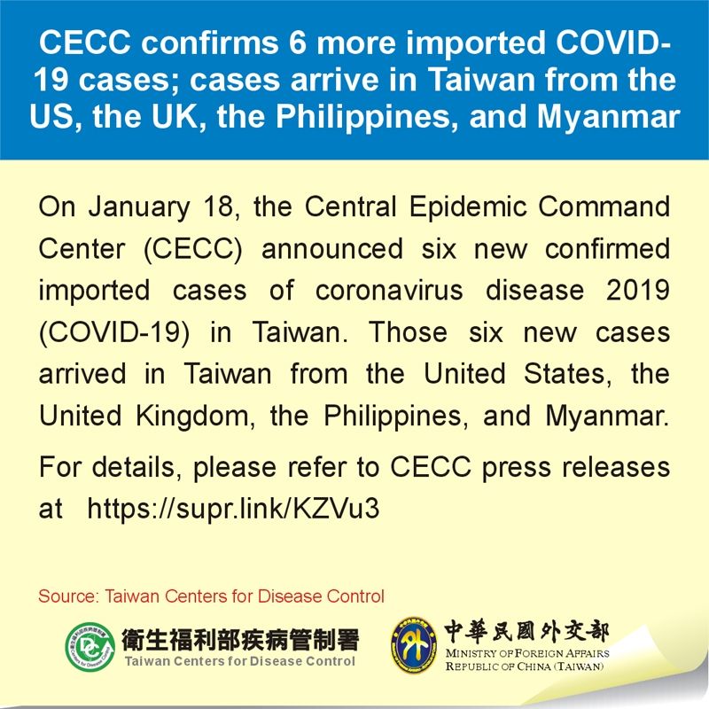 CECC confirms 6 more imported COVID-19 cases; cases arrive in Taiwan from the US, the UK, the Philippines, and Myanmar CECC confirms 6 more imported COVID-19 cases; cases arrive in Taiwan from the US, the UK, the Philippines, and Myanmar Photos - New Southbound Policy