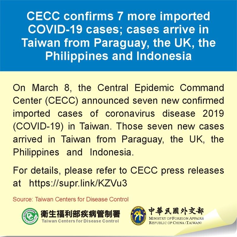 CECC confirms 7 more imported COVID-19 cases; cases arrive in Taiwan from Paraguay, the UK, the Philippines and Indonesia Photos - New Southbound Policy