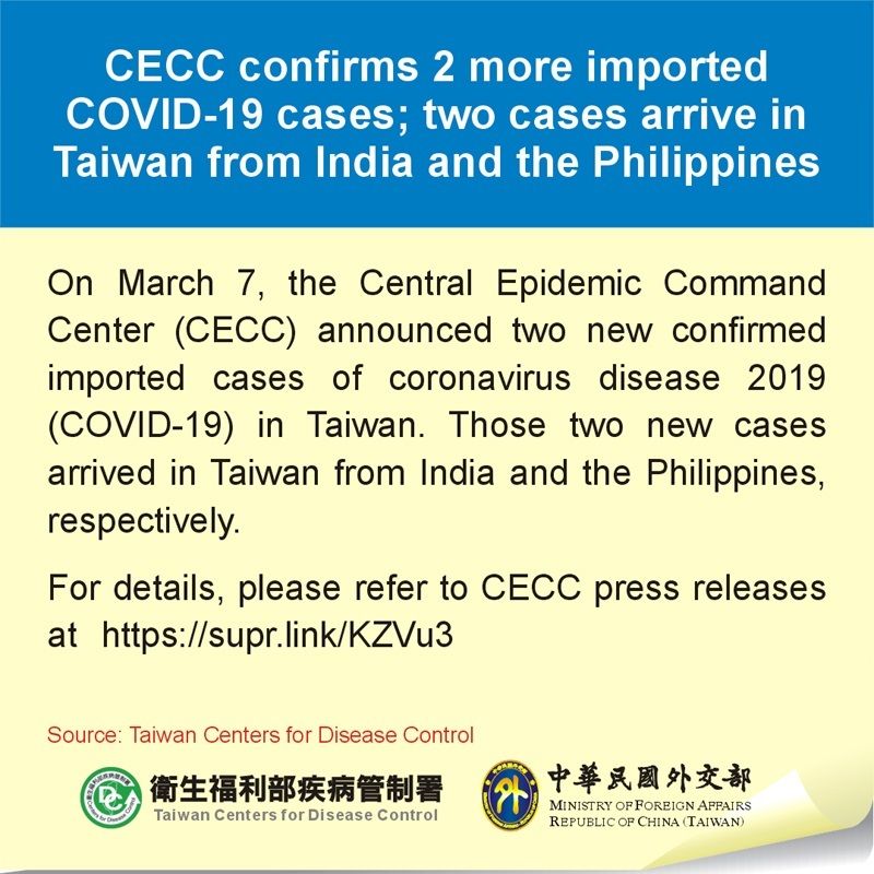 CECC confirms 2 more imported COVID-19 cases; two cases arrive in Taiwan from India and the Philippines Photos - New Southbound Policy