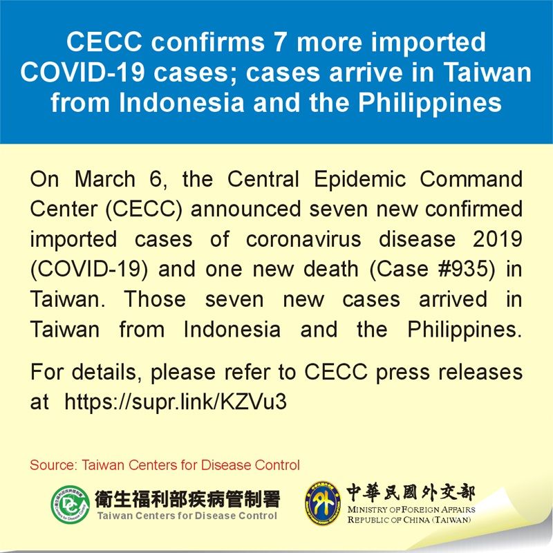 CECC confirms 7 more imported COVID-19 cases; cases arrive in Taiwan from Indonesia and the Philippines Photos - New Southbound Policy