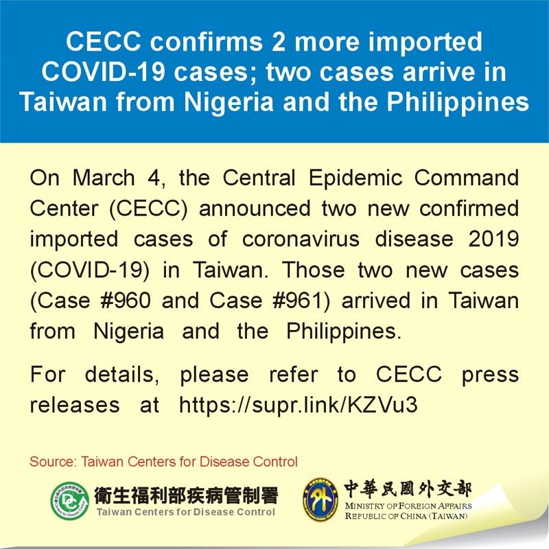 CECC confirms 2 more imported COVID-19 cases; two cases arrive in Taiwan from Nigeria and the Philippines Photos - New Southbound Policy