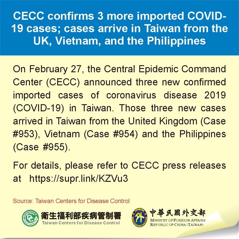 CECC confirms 3 more imported COVID-19 cases; cases arrive in Taiwan from the UK, Vietnam, and the Philippines CECC confirms 3 more imported COVID-19 cases; cases arrive in Taiwan from the UK, Vietnam, and the Philippines Photos - New Southbound Policy