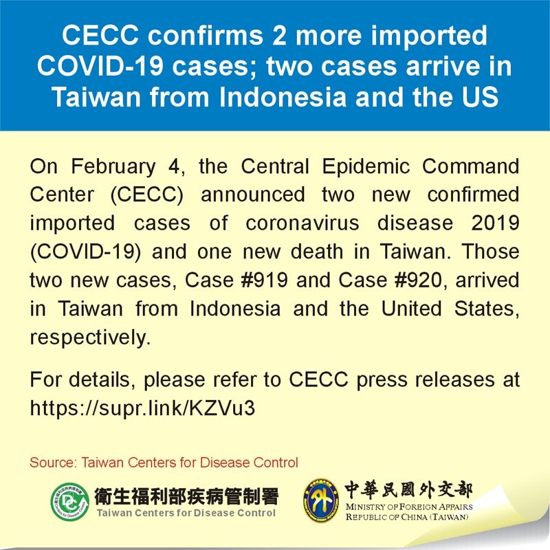 CECC confirms 2 more imported COVID-19 cases; two cases arrive in Taiwan from Indonesia and the US CECC confirms 2 more imported COVID-19 cases; two cases arrive in Taiwan from Indonesia and the US Photos - New Southbound Policy