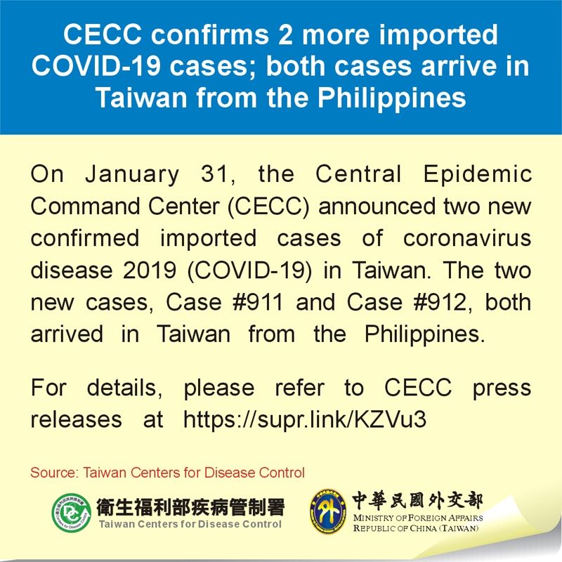 CECC confirms 2 more imported COVID-19 cases; both cases arrive in Taiwan from the Philippines Photos - New Southbound Policy