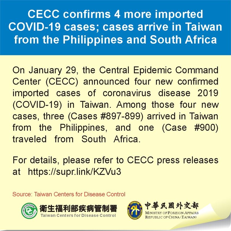 CECC confirms 4 more imported COVID-19 cases; cases arrive in Taiwan from the Philippines and South Africa Photos - New Southbound Policy