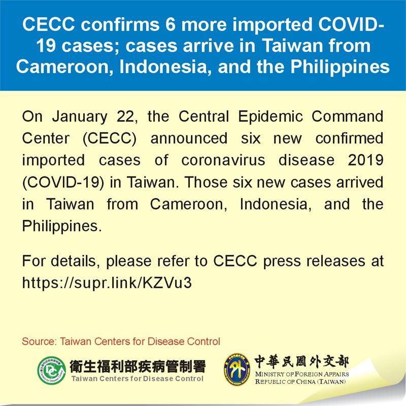 CECC confirms 6 more imported COVID-19 cases; cases arrive in Taiwan from Cameroon, Indonesia, and the Philippines Photos - New Southbound Policy