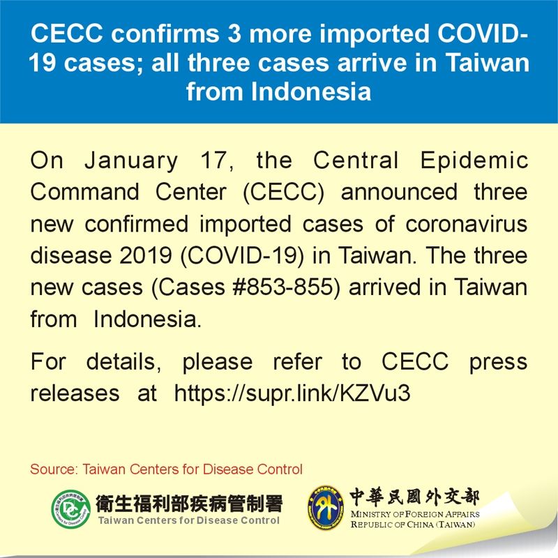 CECC confirms 3 more imported COVID-19 cases; all three cases arrive in Taiwan from Indonesia Photos - New Southbound Policy