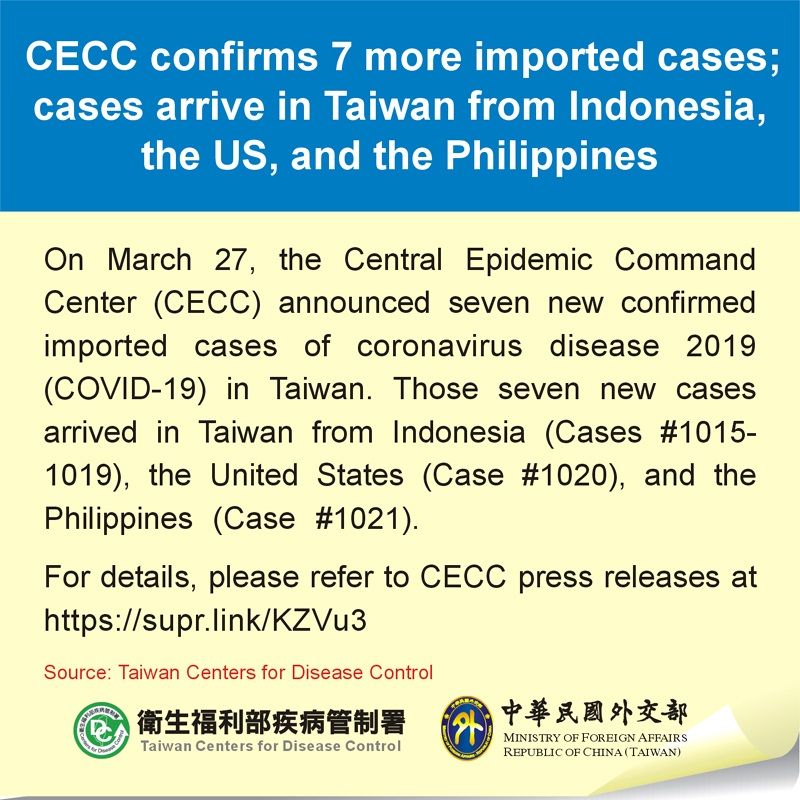 CECC confirms 7 more imported cases; cases arrive in Taiwan from Indonesia, the US, and the Philippines Photos - New Southbound Policy