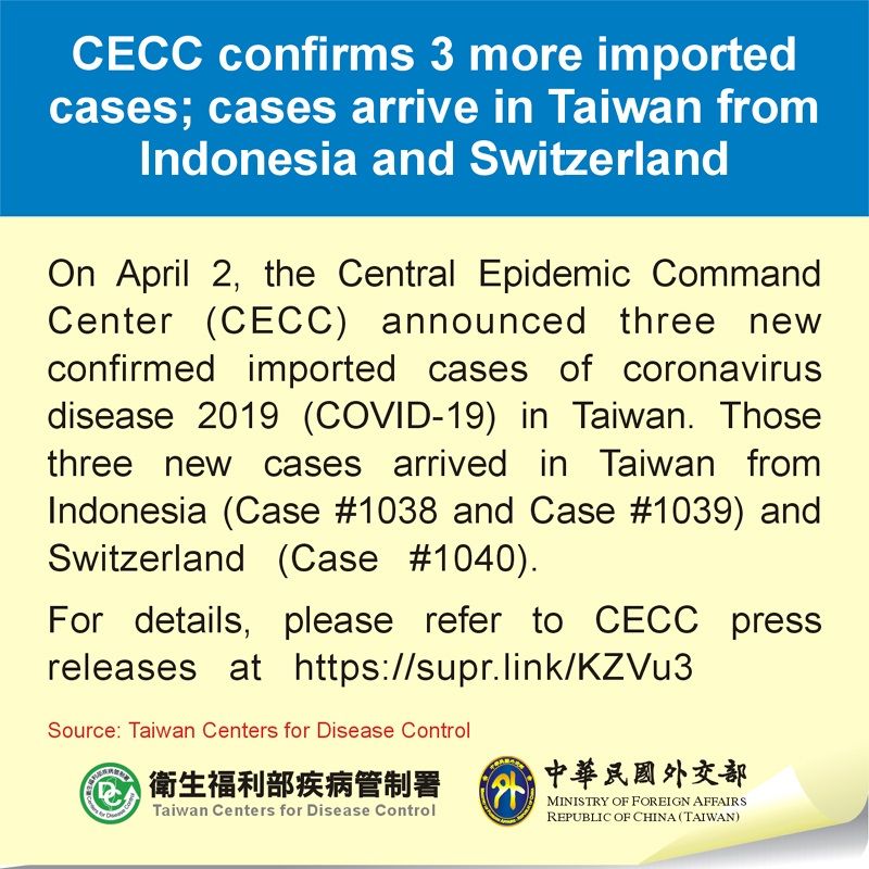 CECC confirms 3 more imported cases; cases arrive in Taiwan from Indonesia and Switzerland Photos - New Southbound Policy