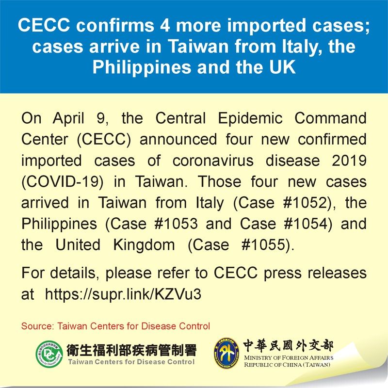 CECC confirms 4 more imported cases; cases arrive in Taiwan from Italy, the Philippines and the UK Photos - New Southbound Policy