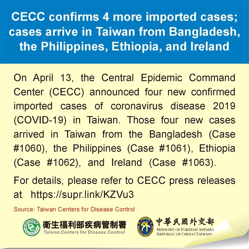 CECC confirms 4 more imported cases; cases arrive in Taiwan from Bangladesh, the Philippines, Ethiopia, and Ireland Photos - New Southbound Policy