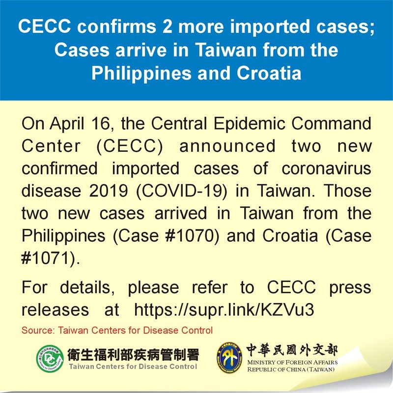 CECC confirms 2 more imported cases; Cases arrive in Taiwan from the Philippines and Croatia Photos - New Southbound Policy