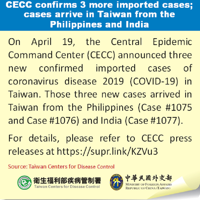 CECC confirms 3 more imported cases; cases arrive in Taiwan from the Philippines and India Photos - New Southbound Policy
