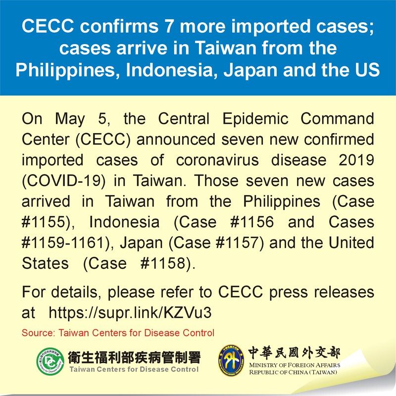 CECC confirms 7 more imported cases; cases arrive in Taiwan from the Philippines, Indonesia, Japan and the US Photos - New Southbound Policy
