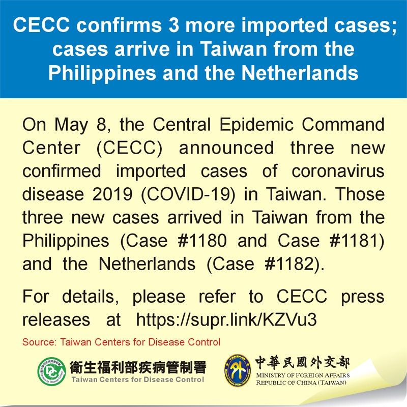 CECC confirms 3 more imported cases; cases arrive in Taiwan from the Philippines and the Netherlands Photos - New Southbound Policy