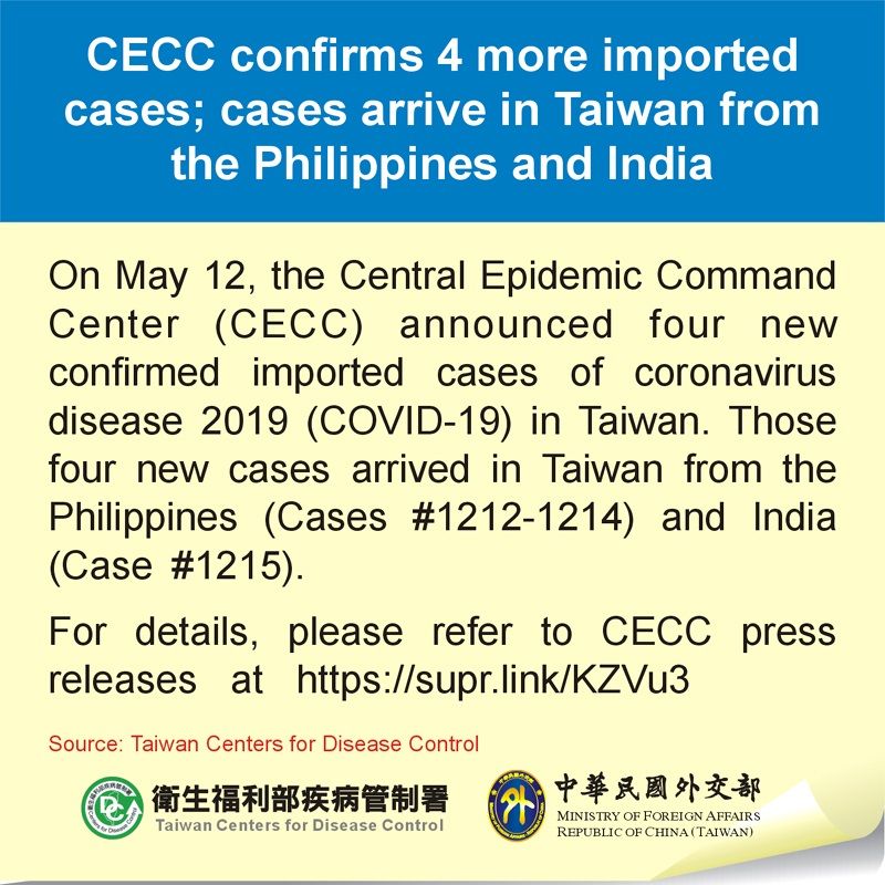 CECC confirms 4 more imported cases; cases arrive in Taiwan from the Philippines and India Photos - New Southbound Policy