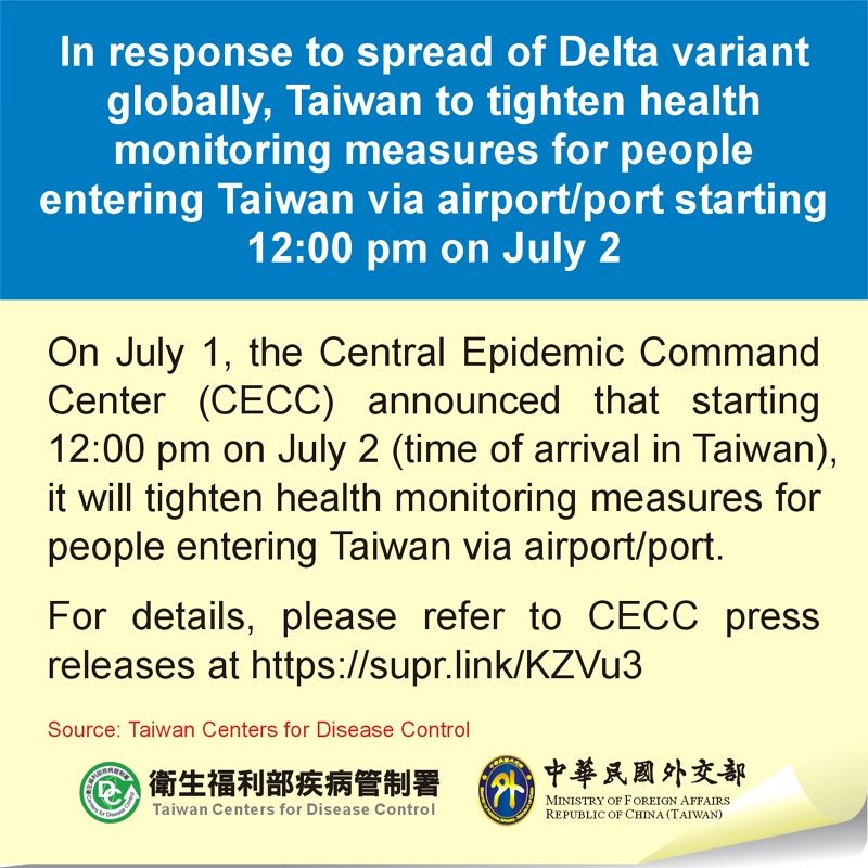 In response to spread of Delta variant globally, Taiwan to tighten health monitoring measures for people entering Taiwan via airport/port starting 12:00 pm on July 2 Photos - New Southbound Policy