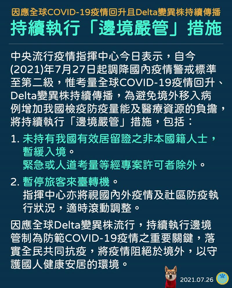 警戒レベル引き下げもデルタ株侵入防ぐため水際対策は強化継続 : Taiwan Today