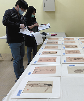 Paintings donated by the family of Hung Jui-lin are inventoried at National Taiwan Museum of Fine Arts in the central city of Taichung. (Courtesy of National Taiwan Museum of Fine Arts)