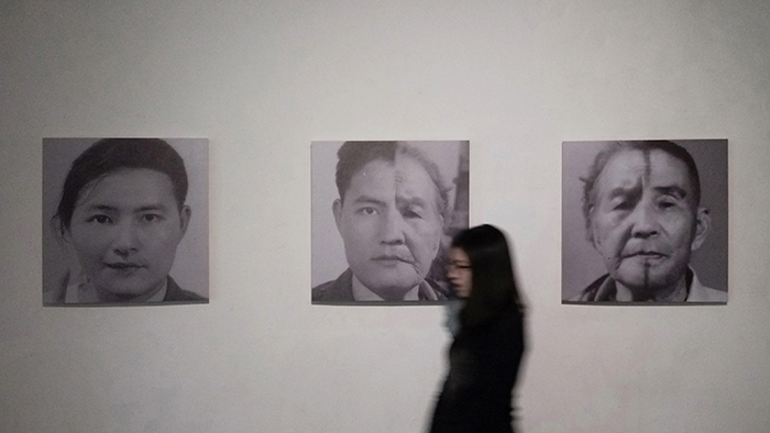 In “Family Portraits” (2016), Hewen links four generations of ancestors and descendants through the delicate manipulation of photos of herself and her father, grandfather and great-grandfather. (Courtesy of Hewen a ta:in tawtawazay)