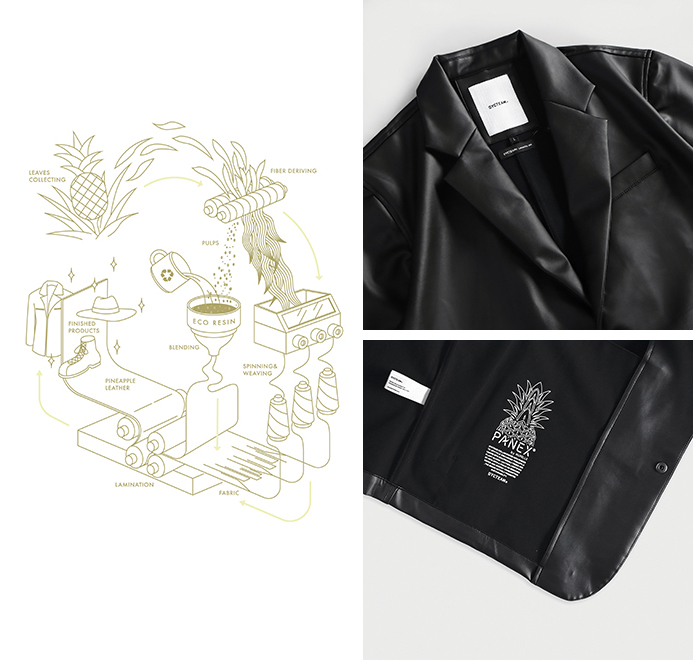 A sleek black jacket crafted from PANEX pineapple leather is part of DYCTEAM’s vision for sustainable luxury through plant-based materials. PANEX leather is created from waste pineapple leaves in a multistep process. (Courtesy of DYCTEAM)