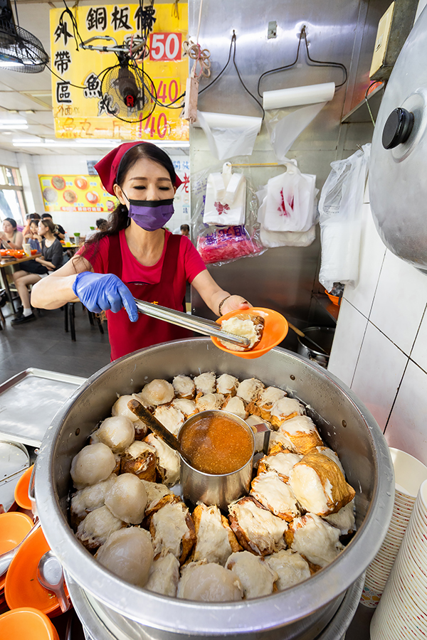 A-geh is a local steamed dish of mung bean noodles wrapped in tofu sheets and topped with fish paste.