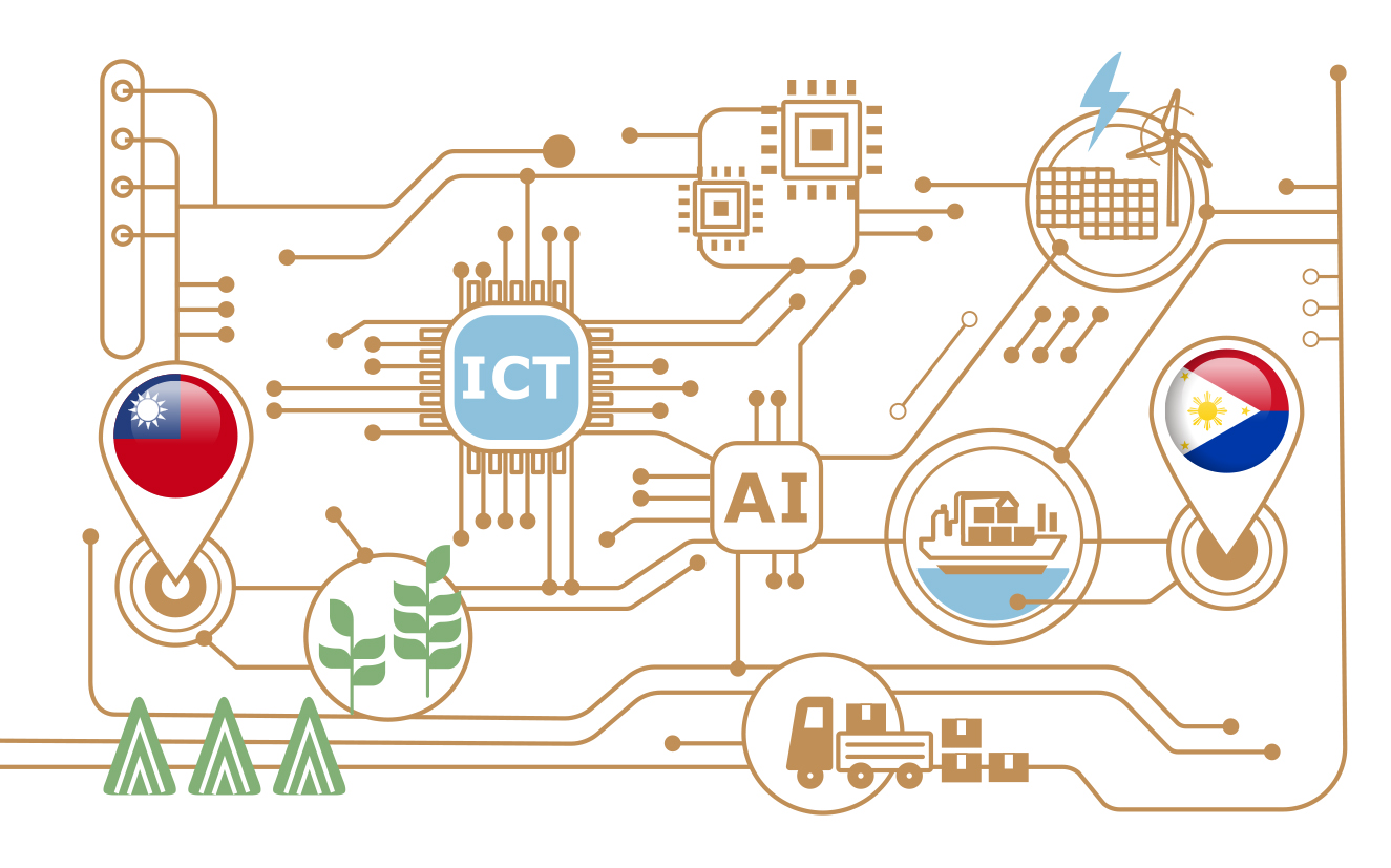 The planned Taiwan-Philippines Economic Corridor integrates seven primary industries: information and communications technology, semiconductors, new energy, ports and shipping, logistics, artificial intelligence, and smart agriculture. (Illustration by Lin Hsin-chieh)