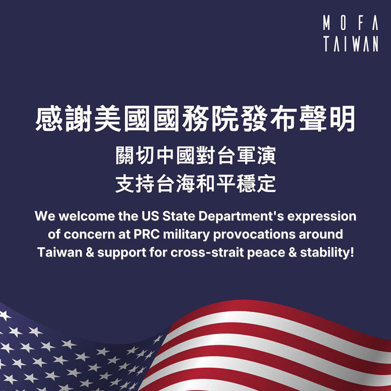 MOFA welcomes statement by US State Department expressing concern over military exercises near Taiwan