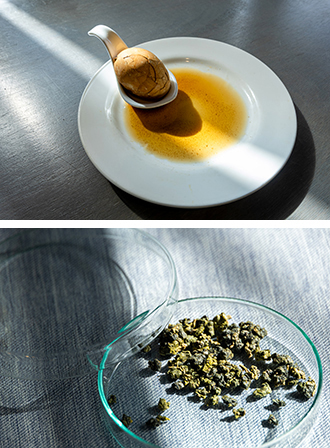 • Tea eggs, infused with the factory’s signature brew, provide a savory interpretation of the site’s heritage. (Photo By Chen Mei-ling)<br/>• Semi-fermented oolong tea leaves are checked for quality. (Photo By Chen Mei-ling)