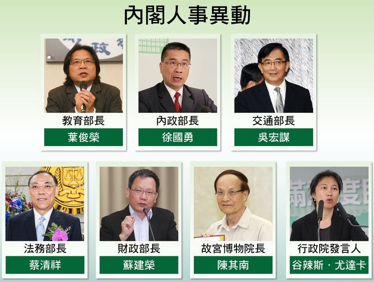 Yeh Jiunn-rong diangkat sebagai Menteri Pendidikan, Hsu Kuo-yung menjabat sebagai Menteri Dalam Negeri, Wu Hong-mo menjabat sebagai Menteri Transportasi dan Komunikasi, Tsai Ching-hsiang diangkat sebagai Menteri Hukum, Su Jain-rong sebagai Menteri Keuangan, Chen Chi-nan sebagai Kepala National Palace Museum, dan Kolas Yotaka sebagai Juru Bicara Yuan Eksekutif.