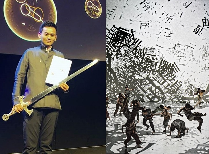 Chu Đông Ngạn và ê kíp Công ty “VM Studio” đã giành “Giải thiết kế hình chiếu” trong “Giải thưởng Kỵ sĩ Ánh sáng” của Nhà hát Anh. Ảnh trái là hình ảnh Chu Đông Ngạn lên nhận thanh kiếm thay cho chiếc cúp tại lễ trao giải (Ảnh do Văn phòng đại diện tại Anh cung cấp), ảnh phải là hình ảnh trong vở múa “Giới thiệu về đảo” (Ảnh do đoàn múa Vân Môn Vũ Tập cung cấp)