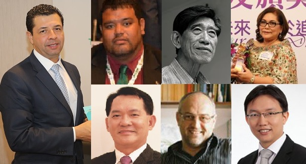 Kiri: Arnaldo Castillo Figueroa (ICDF) Atas dari kiri ke kanan: Asterio Appi(NPUST),Choong Kam Kow(Facebook pribadi), Gloria Jumamil-Mercado(NSYSU) Bawah dari kiri ke kanan: Lee Ser Chong(TKU), Roel Sterckx(Cambridge University), Tan Chee Lay(NUS)