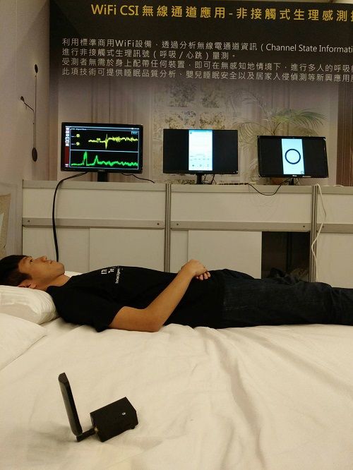 Ngày 31/7, Viện Nghiên cứu Kỹ thuật Công nghiệp đã triển lãm các công nghệ mới như 5G, AI..., trong đó, kỹ thuật “Ứng dụng dò trắc hô hấp không tiếp xúc CSI” sẽ được nhà sản xuất gối nằm sử dụng để điều chỉnh độ cao thấp của gối, kịp thời cứu sống các bệnh nhân bị ngưng thở trong khi ngủ (Ảnh CNA)