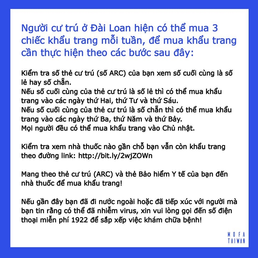 Người cư trú ở Đài Loan hiện có thể mua 3 chiếc khẩu trang mỗi tuần, để mua khẩu trang cần thực hiện theo các bước sau đây