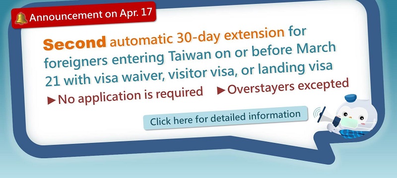 Để giải quyết vấn đề người nước ngoài mắc kẹt tại Đài Loan do ảnh hưởng của dịch bệnh Covid-19, Bộ Ngoại giao quyết định: Người nước ngoài đã nhập cảnh vào Đài Loan từ ngày 21/3/2020 trở về trước và chưa quá hạn lưu trú thì sẽ được tự động gia hạn lưu trú thêm 30 ngày mà không cần phải làm thủ tục đăng ký gia hạn. Tuy nhiên, tổng số ngày lưu trú tại Đài Loan không được vượt quá 180 ngày (Ảnh: Bộ Ngoại giao)