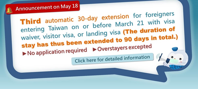 Để giải quyết vấn đề người nước ngoài mắc kẹt tại Đài Loan do ảnh hưởng bởi dịch bệnh Covid-19, Bộ Ngoại giao quyết định: Người nước ngoài đã nhập cảnh vào Đài Loan từ ngày 21/3/2020 trở về trước và chưa quá hạn lưu trú sẽ được tự động gia hạn lưu trú thêm 30 ngày lần thứ 3 mà không cần phải làm thủ tục đăng ký gia hạn nhưng tổng số ngày lưu trú tại Đài Loan không được vượt quá 180 ngày (Ảnh: Bộ Ngoại giao)